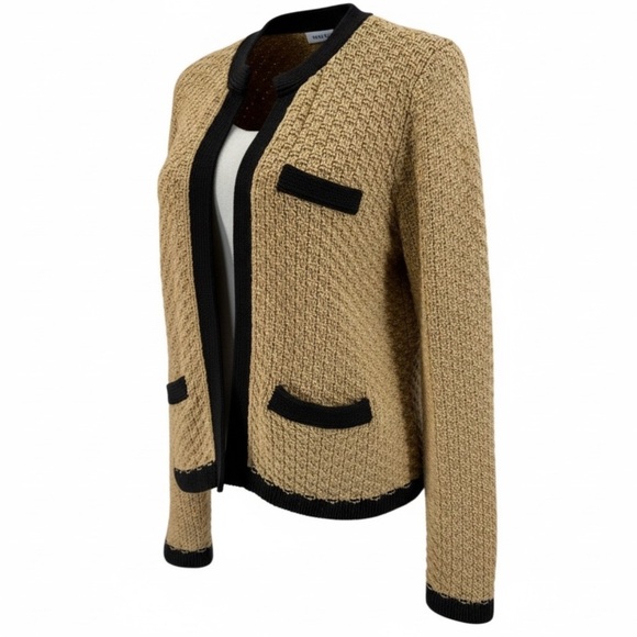 Preswick & Moore Camel Black Trim Cardigan Women’s M Cotton Knit Fall Parisian - Picture 1 of 7